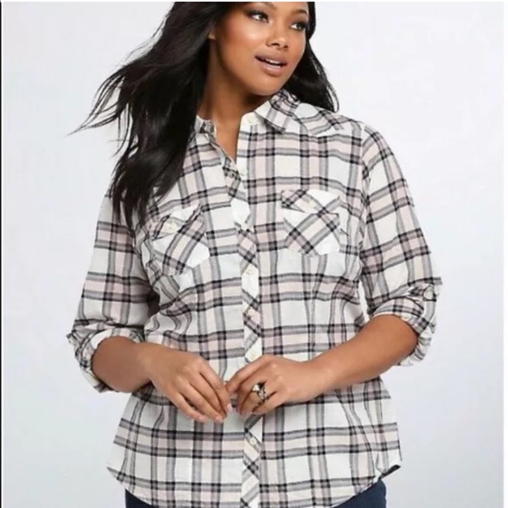 Torrid plaid cotton top, black/pink/white, 2X, EUC